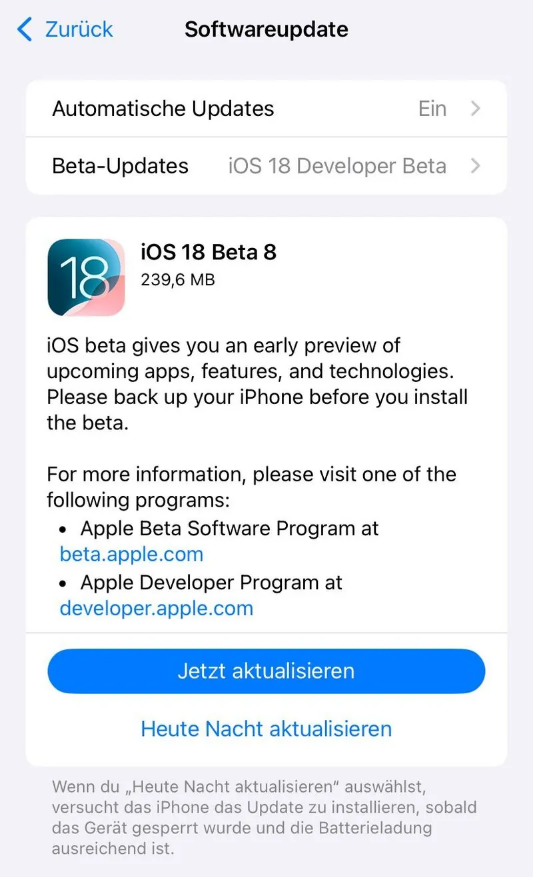 隆广镇苹果手机维修分享苹果 iOS / iPadOS 18 开发者预览版 Beta 8 发布 